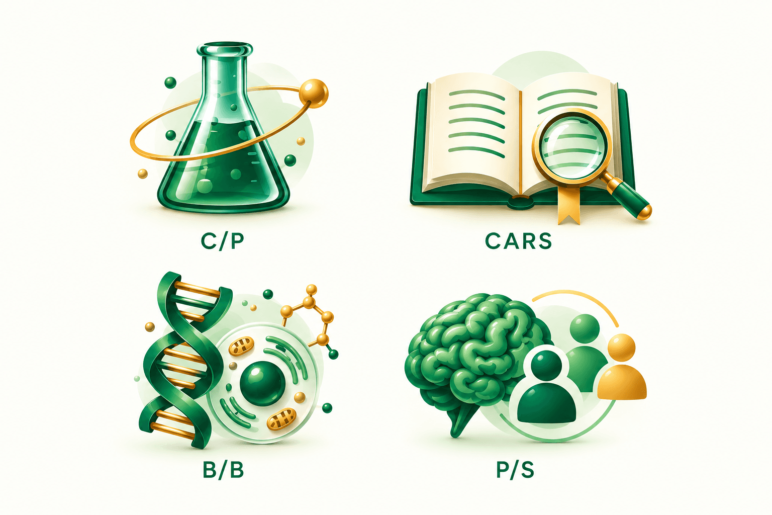 The four MCAT sections: Chemical and Physical Foundations (C/P), Critical Analysis and Reasoning Skills (CARS), Biological and Biochemical Foundations (B/B), and Psychological and Social Foundations (P/S).